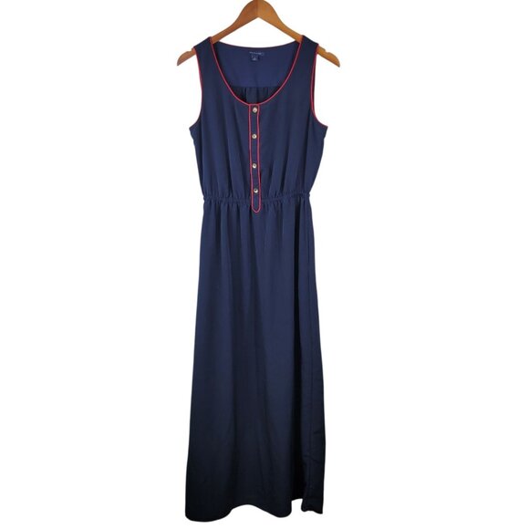 Tommy Hilfiger Maxi Dress Mediu Navy Blue Red Trim Pockets Lightweight Womens - Picture 2 of 8